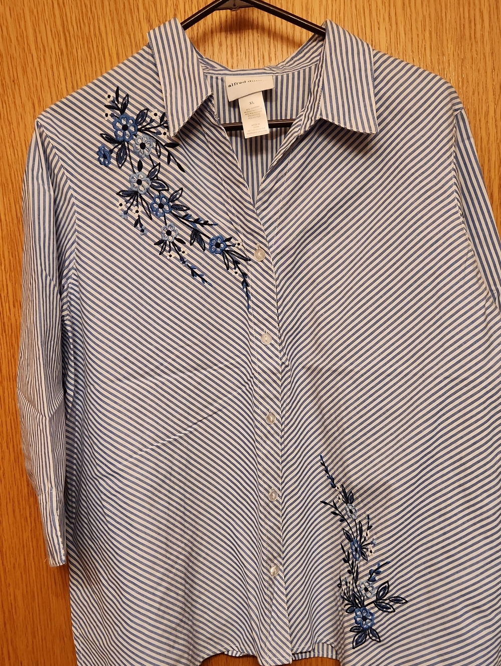 Alfred Dunner Blue and White Striped Embroidered Button-Up Blouse
